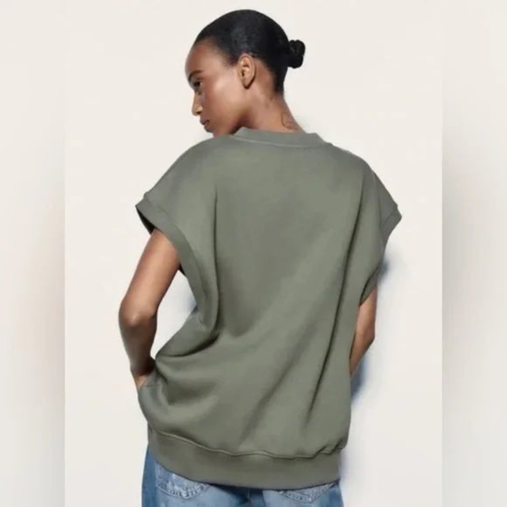 Zara Oversize Khaki Plush V-Neck Vest Capped Sleeve Fleece Top Medium - Picture 2 of 8
